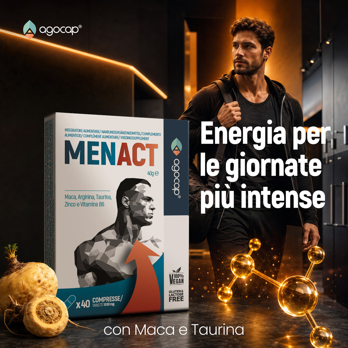 Agocap MENACT, Integratore Uomo con Maca, Arginina, Taurina, Zinco e Vitamina B6, 40 Compresse
