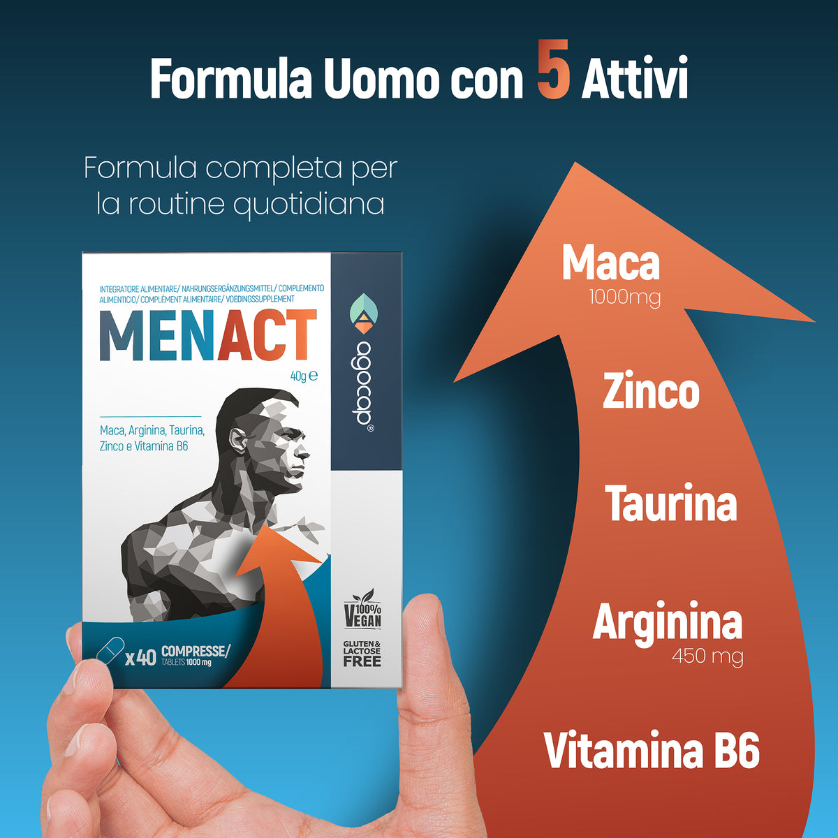 Agocap MENACT, Integratore Uomo con Maca, Arginina, Taurina, Zinco e Vitamina B6, 40 Compresse